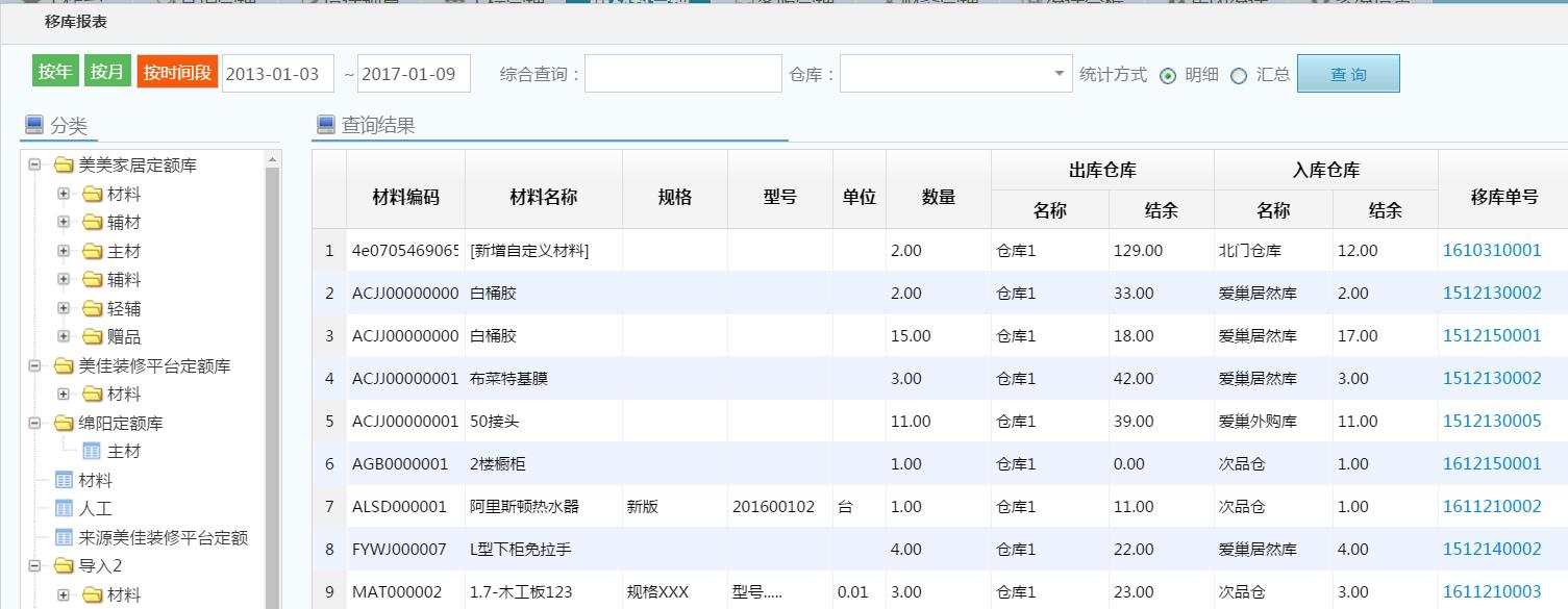 材料管理模块，仓库移库报表